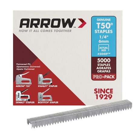 Arrow Fastener Heavy Duty Staples, 18 ga, Flat Crown, 1/4 in Leg L, Steel 504IP